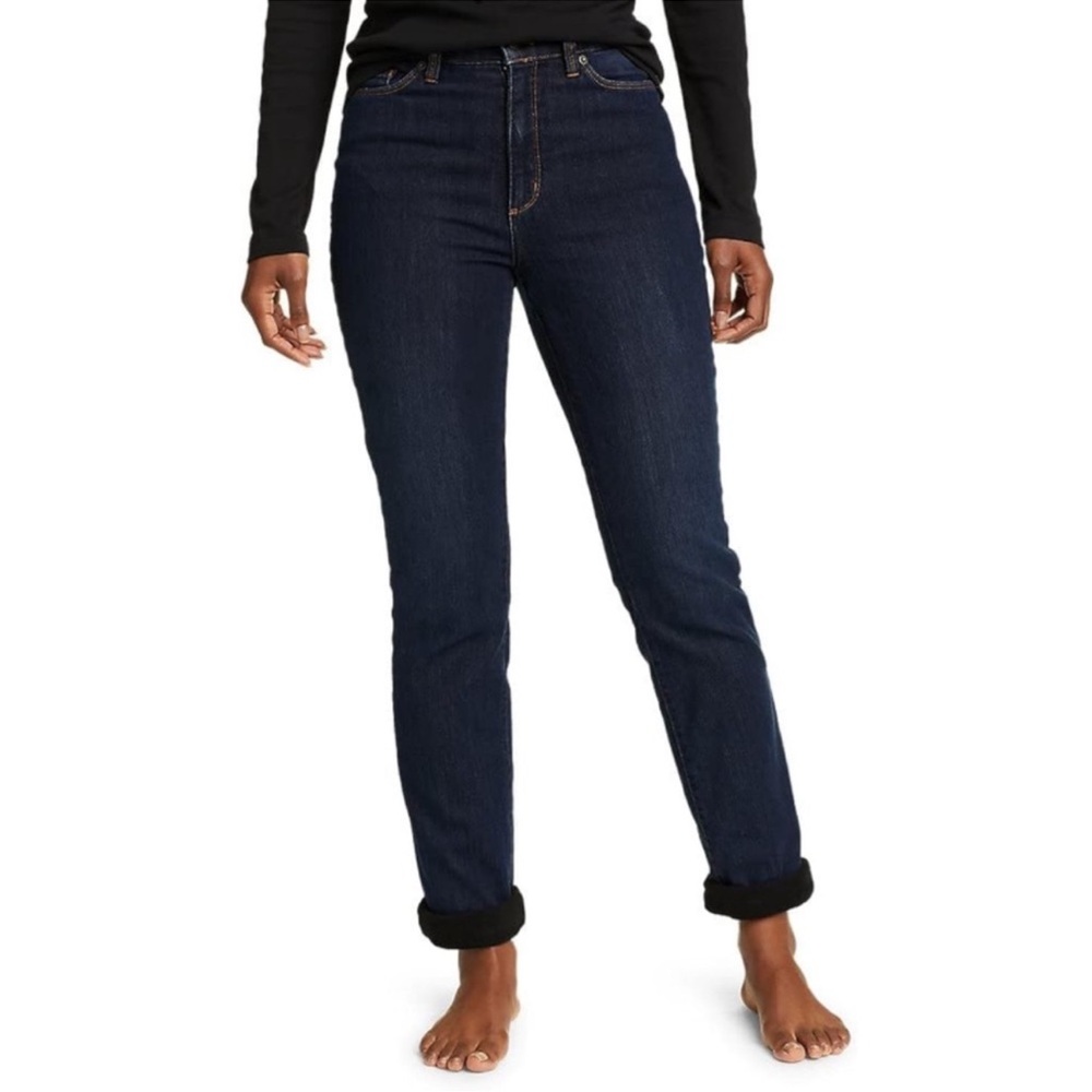 EDDIE BAUER Fleece Lined Denim Jeans 12 Slim Straight Slightly Curvy KL $100 EUC
